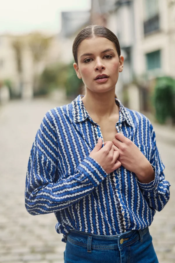 Hot Chemise droite Chanice - Géométrique bleu Blouses & Chemisiers