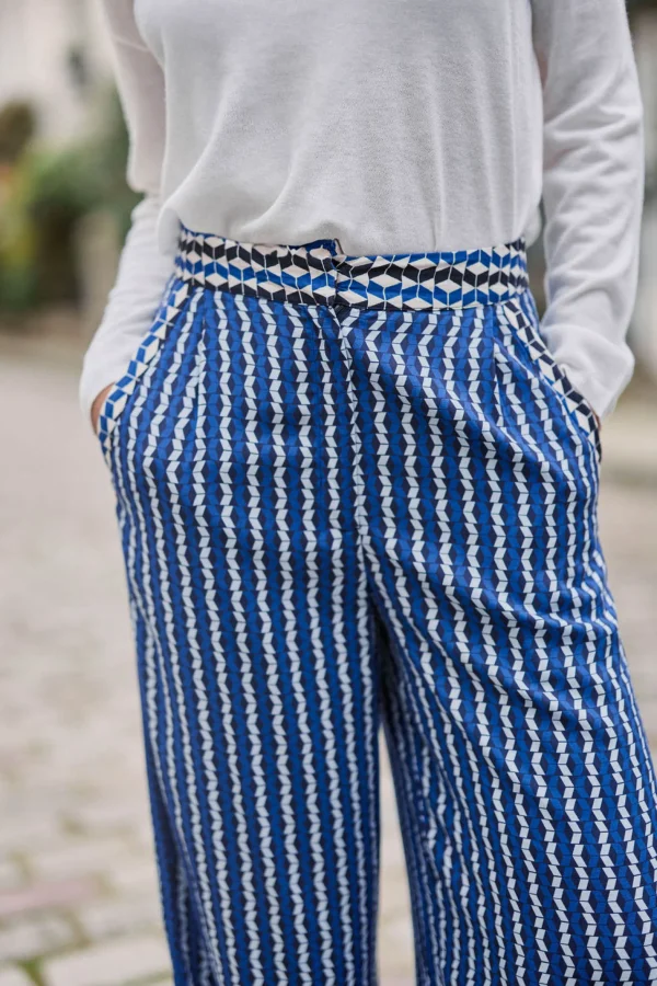 Hot Pantalon droit Pauline - Géométrique bleu Pantalons